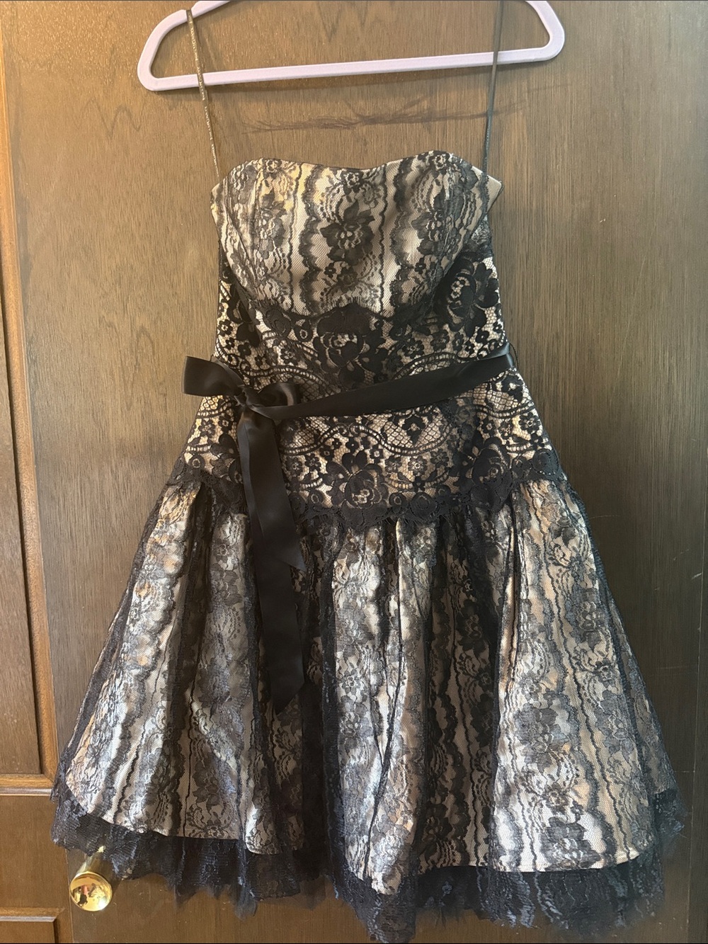 Jessica McClintock Black Lace Over Champagne Strapless Prom Dress